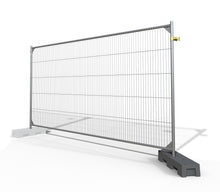 6.5' x 11.5' temporary fence panel kit with sturdy steel mesh, secured by heavy-duty blocks and clamps. Ideal for construction sites, events, and crowd control.