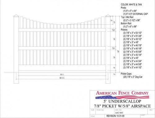 AFC-003   5' Tall x 8' Wide Underscallop Fence with 5/8" Air Space - White