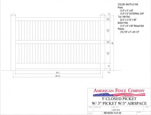 AFC-014   5' Tall x 8' Wide Closed Picket Fence with 3" Air Space - White