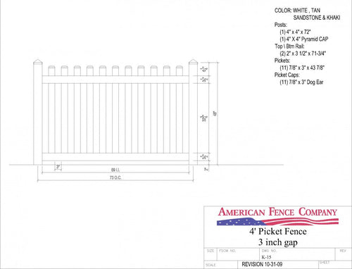 K-15   4' Tall x 6' Wide Picket Fence with 3" Air Space - White