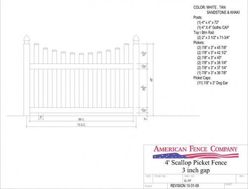 K-97   4' Tall x 6' Wide Underscallop Picket Fence with 3" Air Space - White